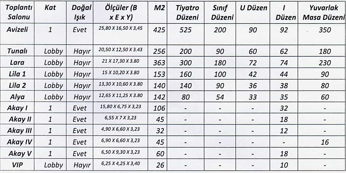 Toplantı Salonları Kapasitesi